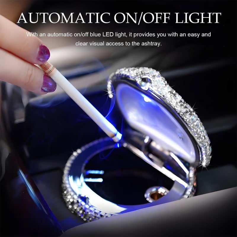 MUQIDA Car Ashtray with Lid, Bling Portable Ash Tray Cup Holder with LED Light Indicator, Sparkle Cigarette Smokeless Cylinder Ash Holder for Vehicle Home Office, Car Accessories (White) - Image 4